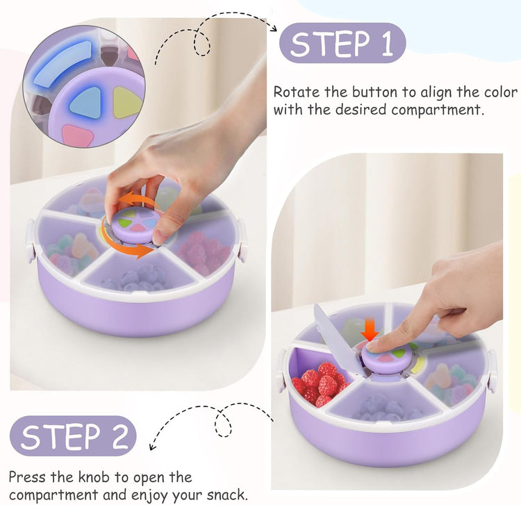 Kids Snack Spinner – Reusable Snack Container with 5 Compartments & Lid, BPA/PVC-Free, Dishwasher Safe, Perfect for Travel, School Lunches & On-the-Go Snacking, Purple