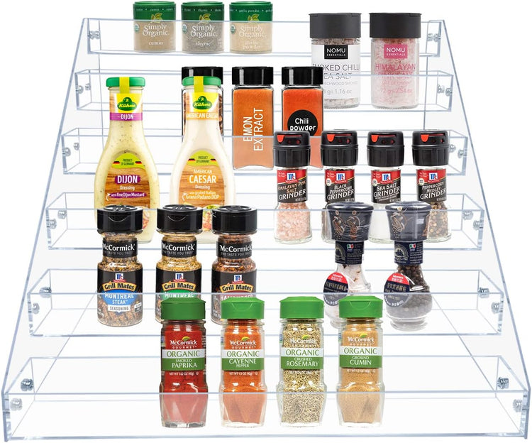 PMMASTO Tiered Spice Rack, Seasoning Organizer, Clear Acrylic Vertical Shelves Can Organizer for Countertop, Cabinet, Pantry, Kitchen Organization and Storage - 6 Tier