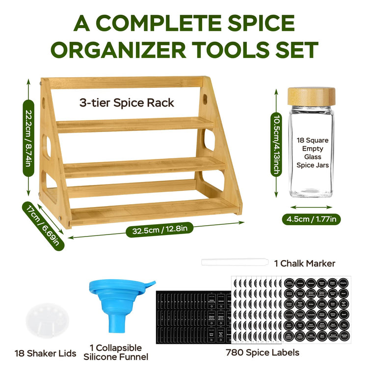 3 Tier Bamboo Spice Rack Organizer with 18 Empty 4 oz Glass Spice Jars