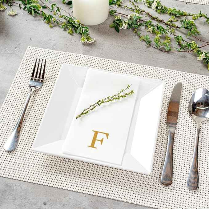 Luxenap 15.8 X 7.9 Inch Linen-Feel Guest Towels, 2000 Lettered Hand Towels - Gold Letter 'F', Sans Serif Font, White Paper Dinner Napkins, airlaid, For Restrooms And Tables - Restaurantware