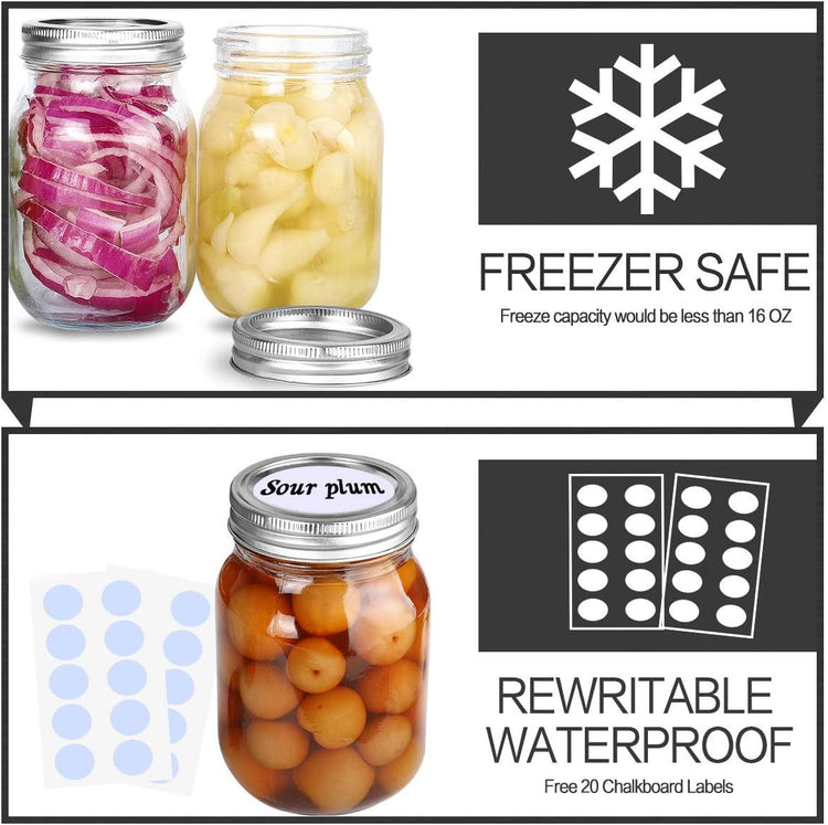 KAMOTA Mason Jars 16 OZ With Regular Lids and Bands, Ideal for Meal Prep, Jam, Honey, Wedding Favors, Shower Favors, Baby Foods, DIY Spice Jars, 12 PACK, 20 Whiteboard Labels Included