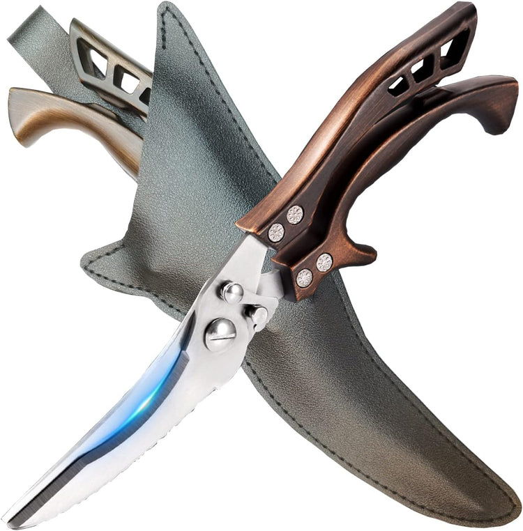 ANDONG Kitchen Scissors, Heavy Duty Professional Poultry Shears, Stainless Steel Spring Loaded, Dishwasher Safe, with Black Leather Sheath