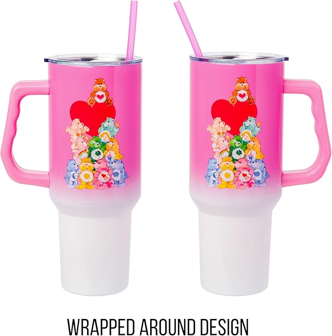 Silver Buffalo Care Bears Watercolor Heart Ombre Double Walled Stainless Steel Tumbler with Handle and Straw, Fits in Standard Cup Holder, 40 Ounces