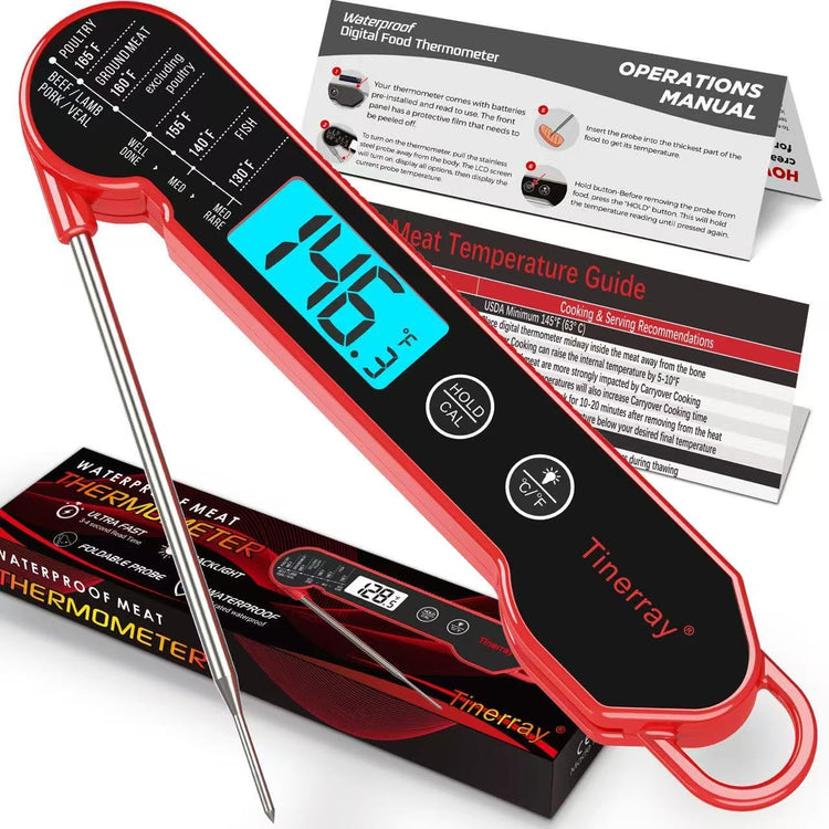 Digital Meat Thermometer for Cooking – Waterproof Instant Read Food Thermometer with Backlight & Calibration, Fast Read, Folding Probe for BBQ, Grill, Candy, Deep Fry, Kitchen, Liquids, Beef(Red)