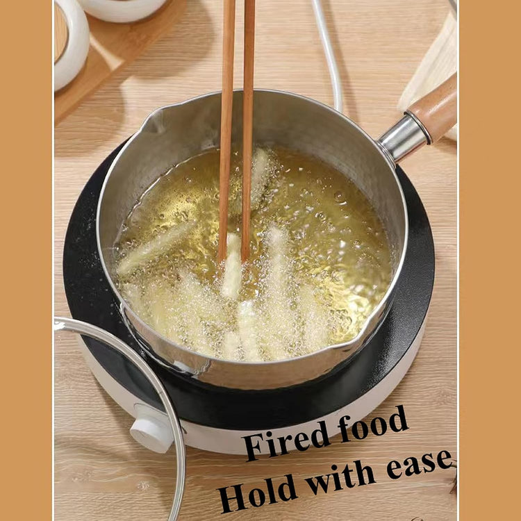 2.2 Quart Silver Stainless Steel Sauce Pot with Inverted Mouth, Solid Wood Handle, Hook, Lid, Suitable for Induction, Gas, Electric Stoves