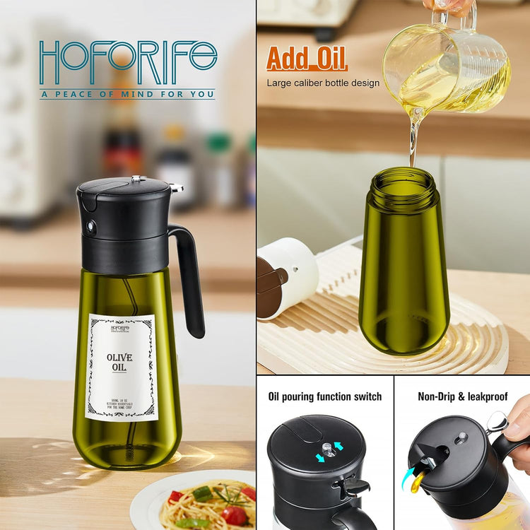 2 PCS Glass Olive Oil Dispenser for Kitchen, 2 In 1 Oil Dispenser Bottle & Oil Sprayer for Cooking, Auto Flip Cap, 17oz Black (Light Blockage)