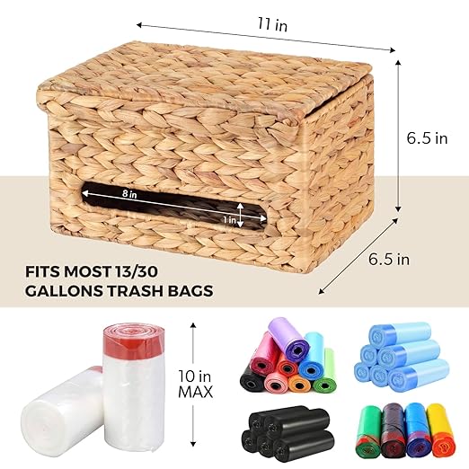 Trash Bag Holder with Scalloped Lid 13β30 Gallon Bags Roll Holder Wall Mount Water Hyacinth Garbage Bag Dispenser for Kitchen, Cabinet (Natural Water Hyacinth)