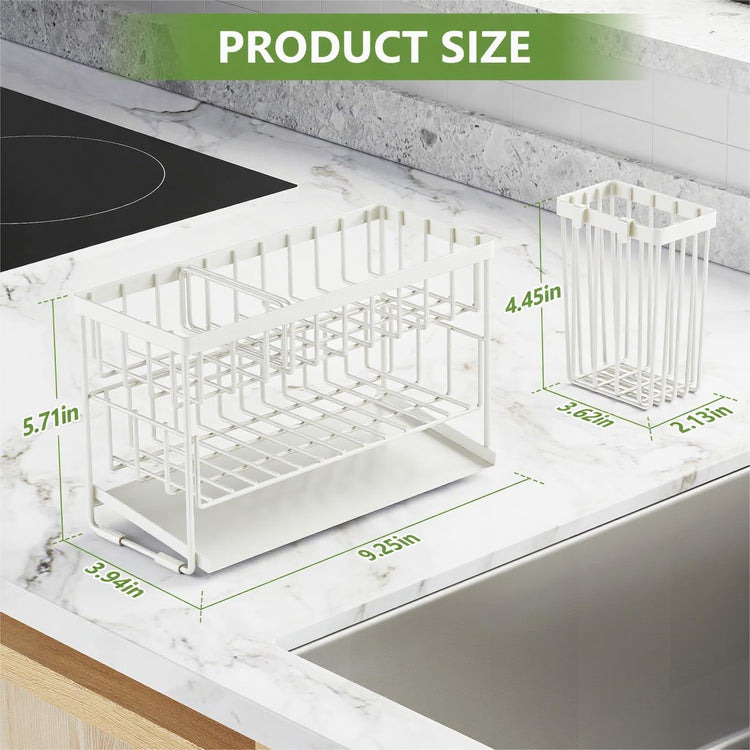 White 2 Tier Kitchen Sink Caddy Organzier Rack with Flexible Dish Brush Holder
