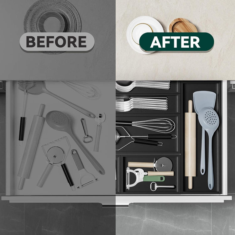 Bamboo Drawer Organizer, Cutlery Silverware Organizer for Kitchen Drawer, Stackable Utensil Organizer, 2 Pcs Flatware Organizer, Wooden Storage Box Tray (Black, 9 X 6 X 2 Inch)