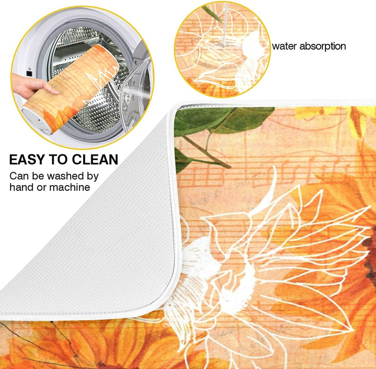 Super Absorbent Dish Drying Mat, Microfiber Fast-Drying Dish Mat, 24" x 18", Kitchen Dish Drying Pad, Watercolor Sunflowers