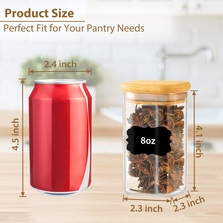 12 Pack 8 oz Square Glass Spice Jars with Lids and Labels (12 Count)
