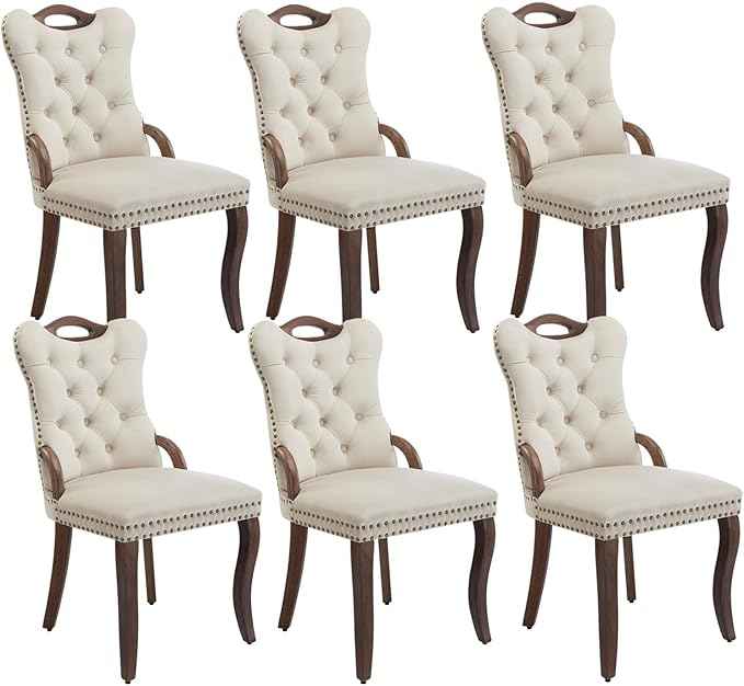 Beige Velvet Dining Chairs Set of 6,Modern Upholstered Dining Room Chairs with Tufted Back and Wood Accents, Curved Solid Wood Legs & Nailhead Trim, Sillas De Comedor Modernas 6