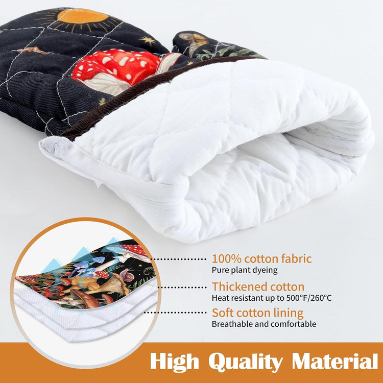 Mushroom Grass Oven Mitts and Pot Holders Sets 4Pcs, 100% Cotton Heat Resistant, Extra Long Oven Gloves Potholder for Kitchen Cooking Baking Decoration