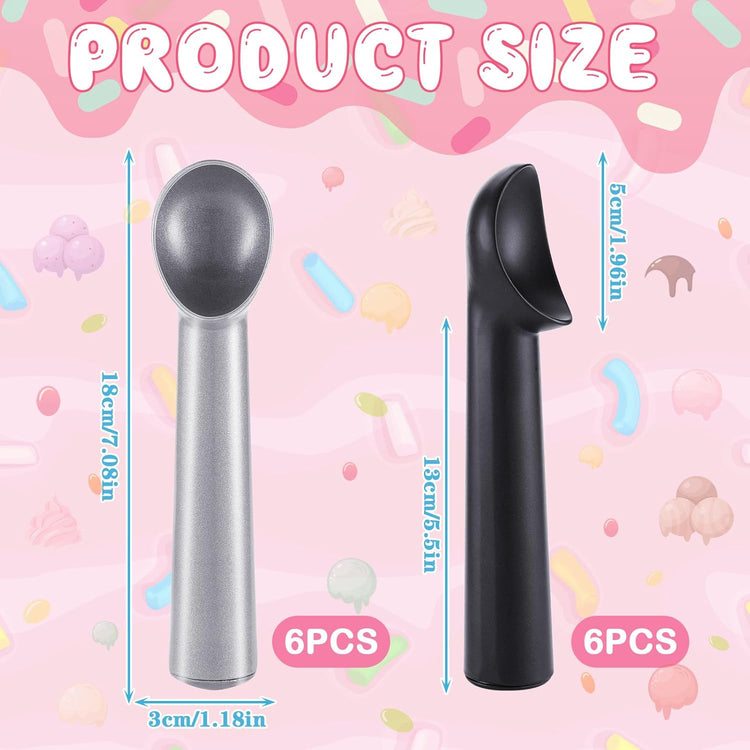 Gejoy 12 Pcs Ice Cream Scoop 7 Inch Nonstick Anti Freeze Ice Cream Scooper Aluminum Design Dessert Spoon for Gelatos Frozen Yogurt Fruit Sundaes Sorbet Almond Cookie Dough (Black and Silver)