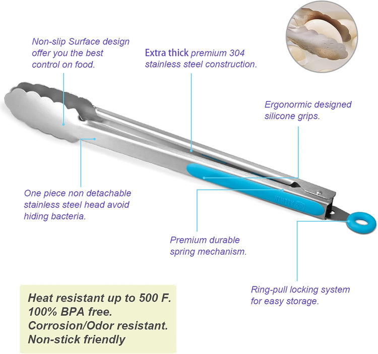 304 Stainless Steel Kitchen Cooking Tongs, 14" and 16" Set of 2 Sturdy Grilling Barbeque Brushed Locking Food Tongs with Ergonomic Grip, Blue