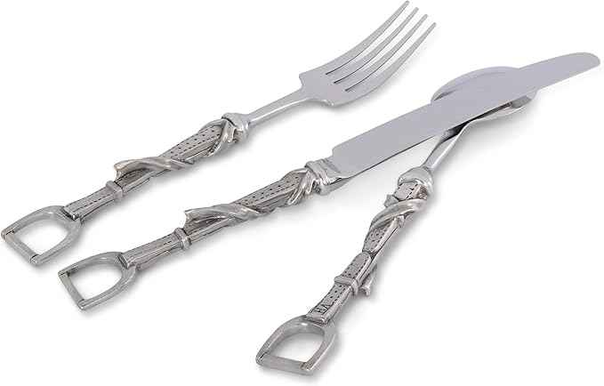 Vagabond House Pewter Metal Stirrup Equestrian Pattern 5 Piece Place Setting Flatware Everyday Lunch to Formal Dinner - Riding Décor 9.5 inch Long