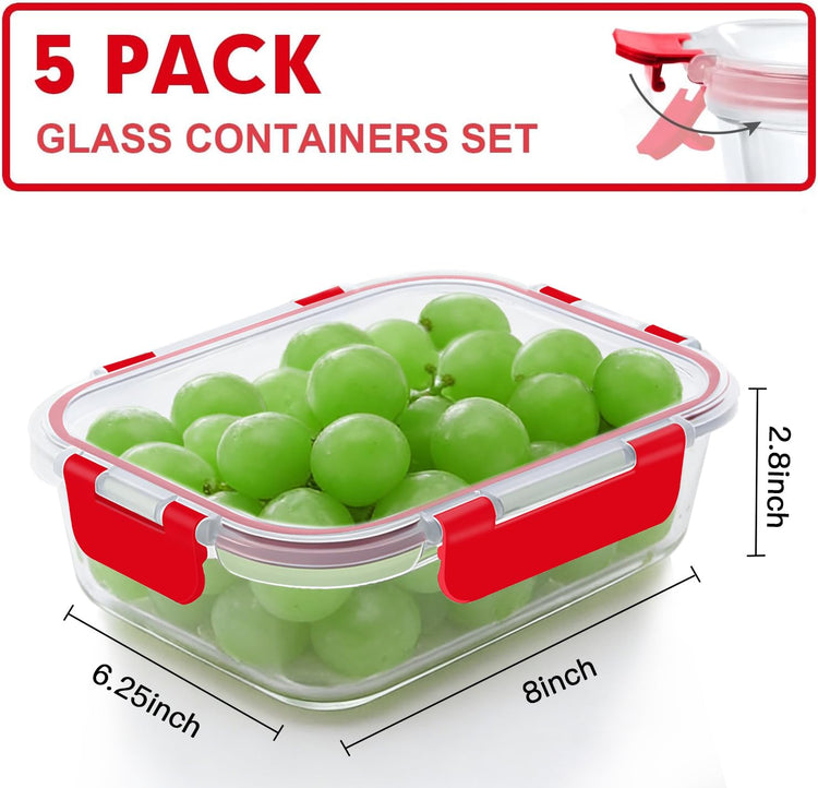 5 PACK 36 OZ Glass Meal Prep Containers Set with Lids (5 Count)