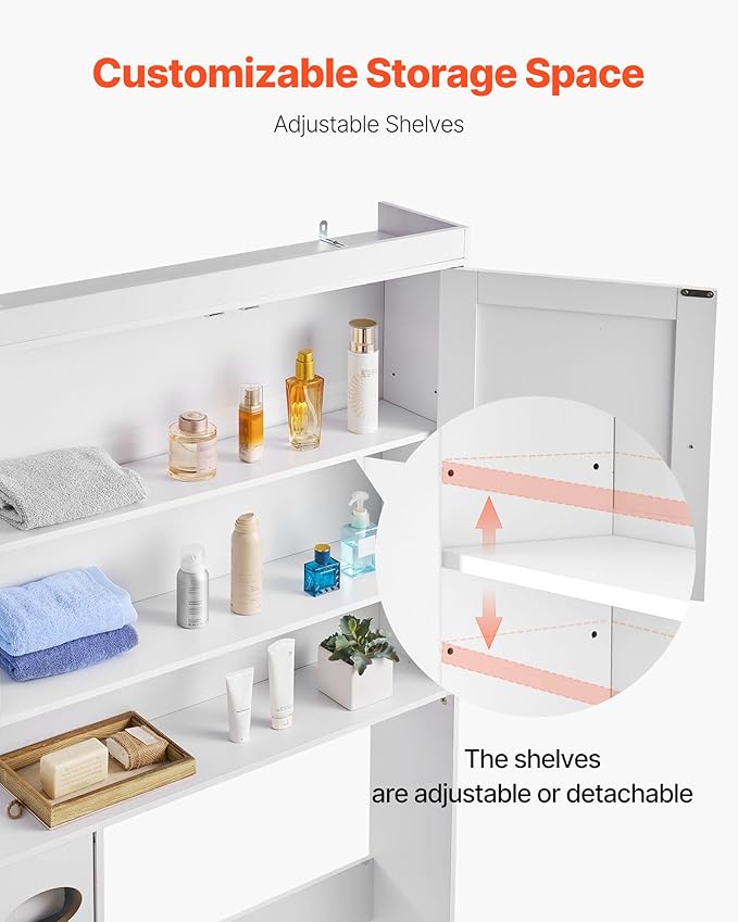 VEVOR Over The Toilet Storage Cabinet, 67.44‘’ Height Bathroom Storage Cabinet Over Toilet with Barn Door and Adjustable Shelf, Bathroom Space-Saving Toilet Rack White Wood with Open Shelf