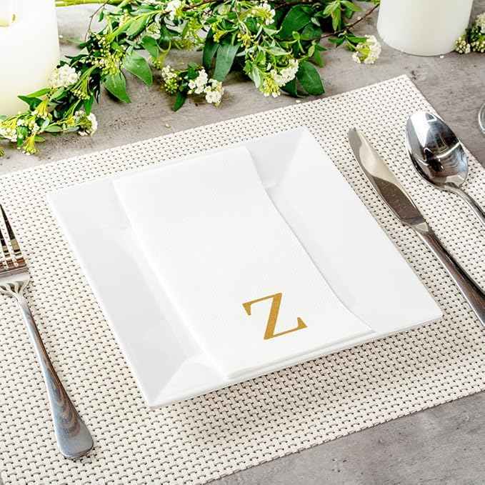 Luxenap 15.8 X 7.9 Inch Linen-Feel Guest Towels, 2000 Lettered Hand Towels - Gold Letter 'Z', Sans Serif Font, White Paper Dinner Napkins, airlaid, For Restrooms And Tables - Restaurantware