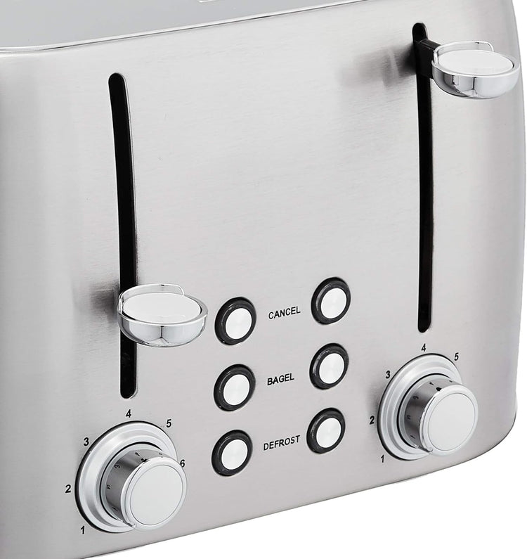 Amazon Basics 4 Slice Toaster with 6 Browning Settings, Removable Easy-to-Clean Crumb Tray, Cancel Button, 1600W, Brushed Silver