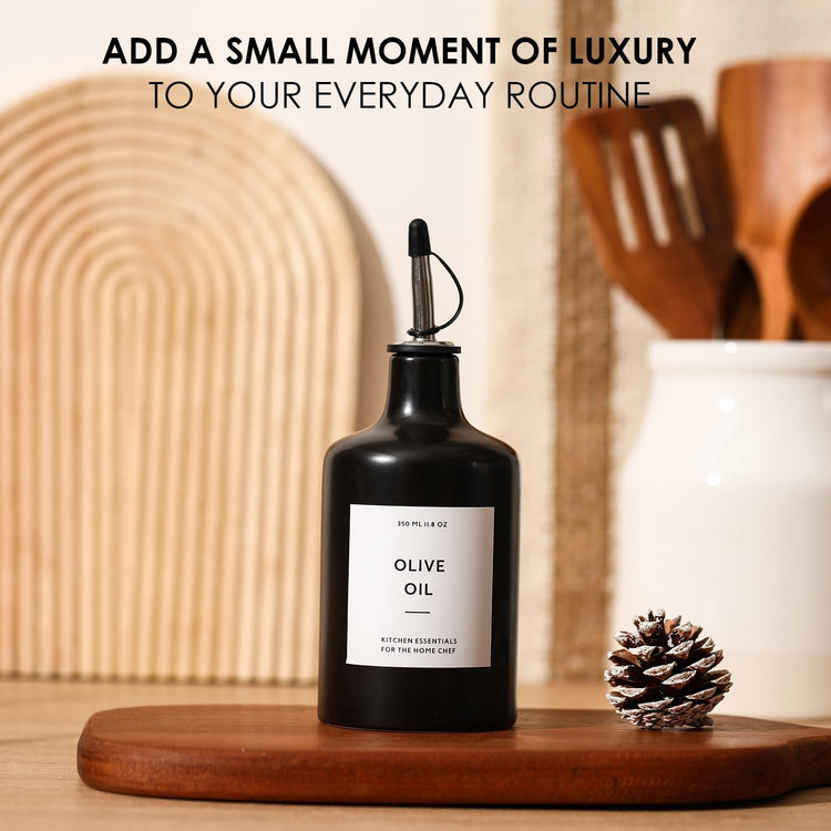 HOMCDALY Ceramic Olive Oil Dispenser Bottle, 16oz Oil Dispenser Bottle for Kitchen, Oil Container, Kitchen Oil Dispenser(Black)