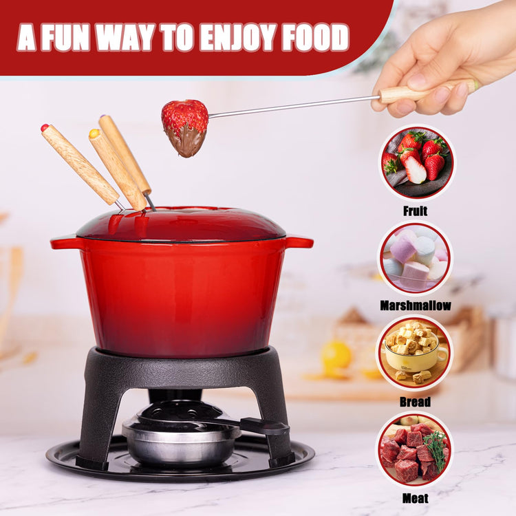 Cast Iron Fondue Pot Set Red Enameled 1.6 Qt for Cheese