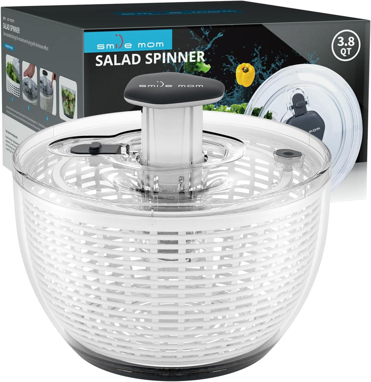 Smile mom Salad Spinner Small Lettuce Spinner Kitchen Gadgets Vegetable Washer, High Efficiency for Home Kitchen Washing & Drying Leafy Vegetables, One-Handed Handle Easy Press 3.8 Qt White