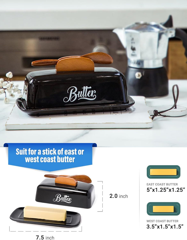 Black Butter Dish with Lid and Knife,Black Butter Tray,Ceramic Butter Holder for Counter Humanized Clamp-able Knife Handle Design Perfect for East West Coast Butter