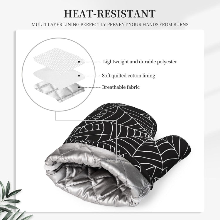 Black and White Spider Web Oven Mitts and Pot Holders Set of 4 Silicone Spiderwebs Kitchen Mitten Gloves and Non-Slip Potholders Set Heat Resistant Oven Gloves Hot Holders for Kitchen