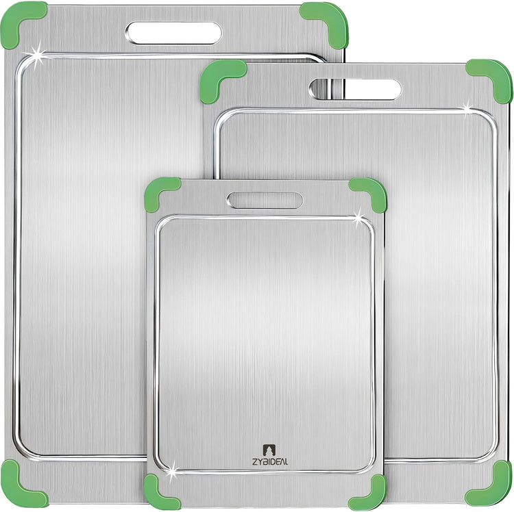 3Pcs 100% Pure Titanium Cutting Board with Grooves, Update Double Side Titanium Chopping Board, Silicone Anti-slip Stainless Cutting Boards Set for Kitchen, Green