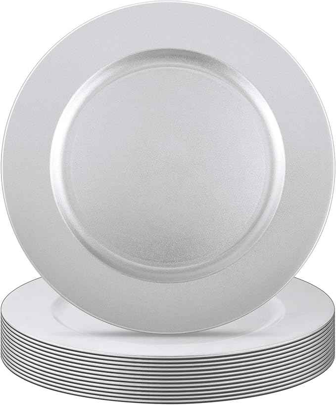 Tanlade 12 Pcs 13 Inch Charger Plates Bulk Round Wedding Chargers Plastic Dinner Plates for Table Setting Wedding Party Decoration (Silver White)