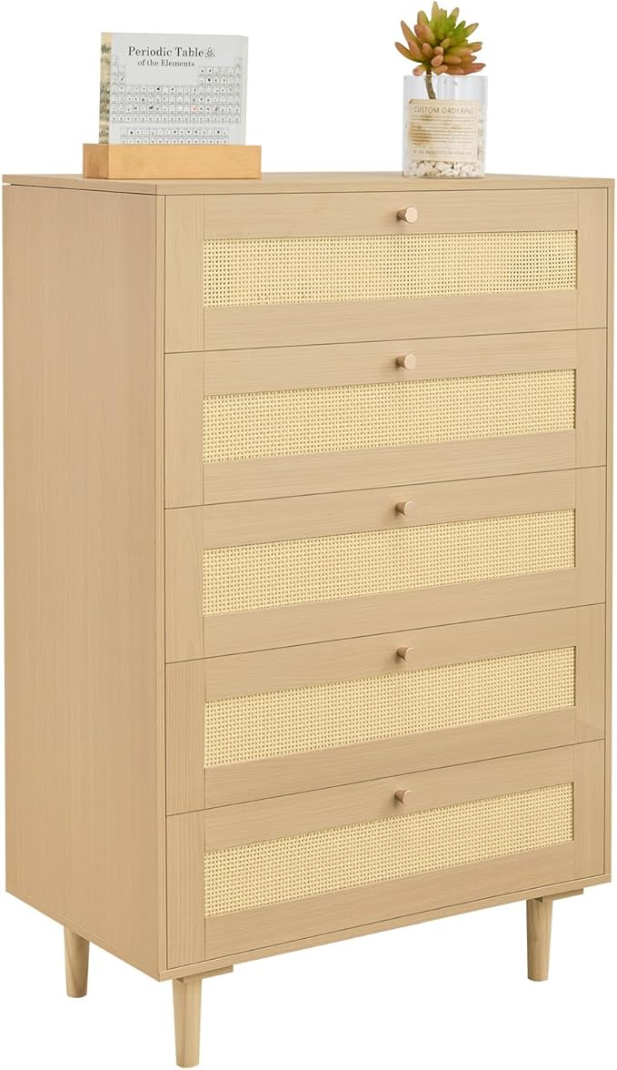 VEVOR 5 Drawer Rattan Dresser, 42" Tall Dresser for Bedroom, Boho Dresser Chest of Drawers with Gold Handles & Wooden Legs, Wood Clothing Storage Closet for Nursery, Living Room, Hallway, Natural Oak