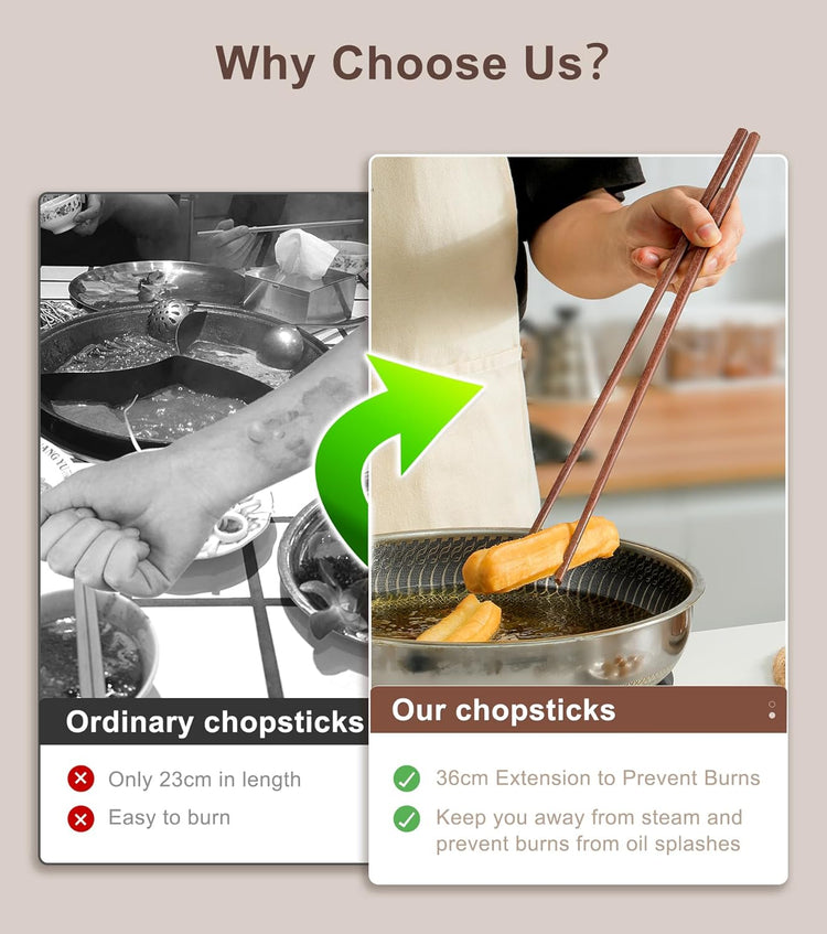 3Pairs Cooking Chopstick 14Inches Long Wooden Chop Sticks Reusable for Noodles Frying Hotpot