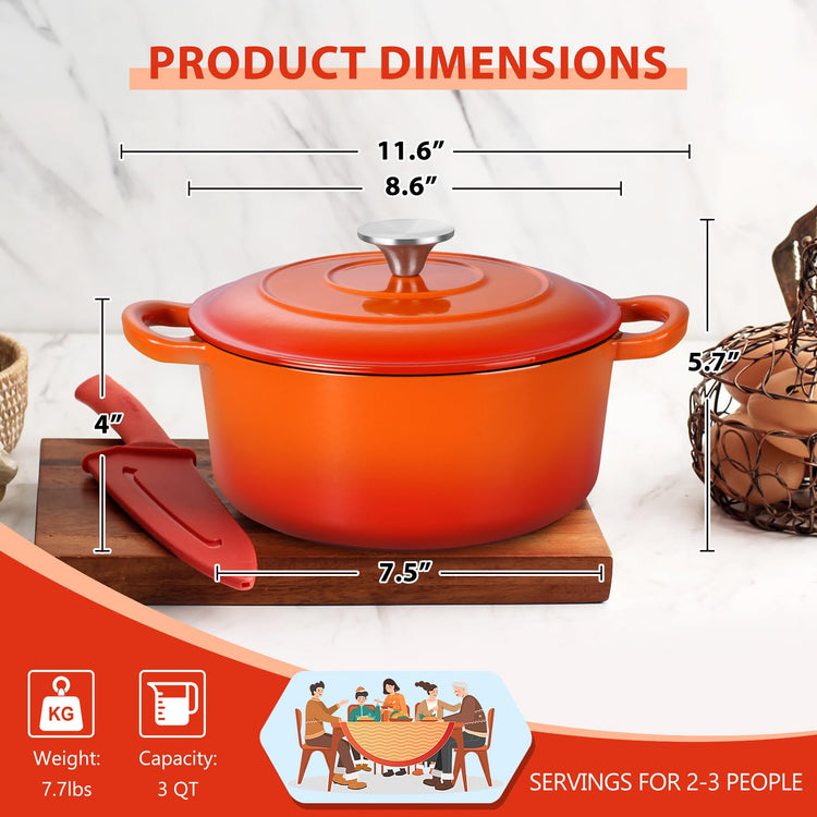 3 Qt Enameled Cast Iron Dutch Oven with Lid