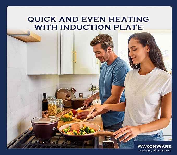 Waxonware 7pc Kitchen Pots and Pans Set Non stick German Coated, Kitchen Cookware Set Premium - Dishwasher Safe and 100% PFOA and PTFE Free - Induction Cooking Non Stick Pots and Pan Set - Marbellous