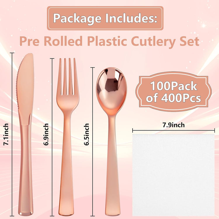 400PCS Pre Rolled Rose Gold Plastic Silverware Sets - Heavy Duty Rose Gold Cutlery - Include 100 Pack Wrapped Disposable Utensils with Napkins for Parties & Dinners & Weddings