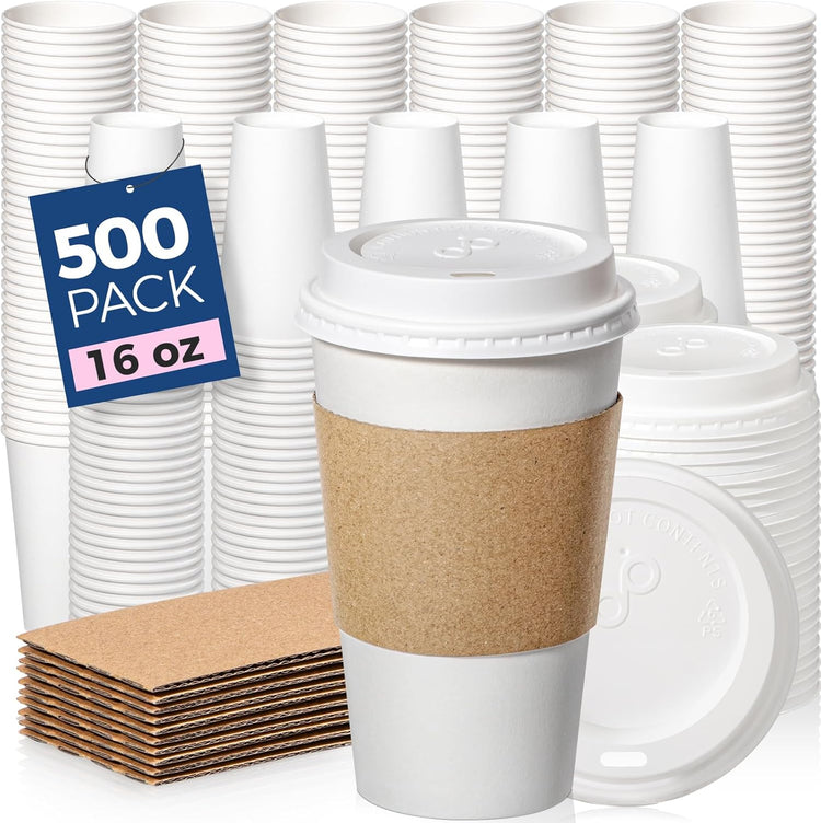 Fit Meal Prep 500 Pack 16 oz Disposable Coffee Cups with Lids, Sleeves, Leak-Proof To Go Coffee Cups with Lids, Durable Hot Paper Cups for Home, Office, Party, Business