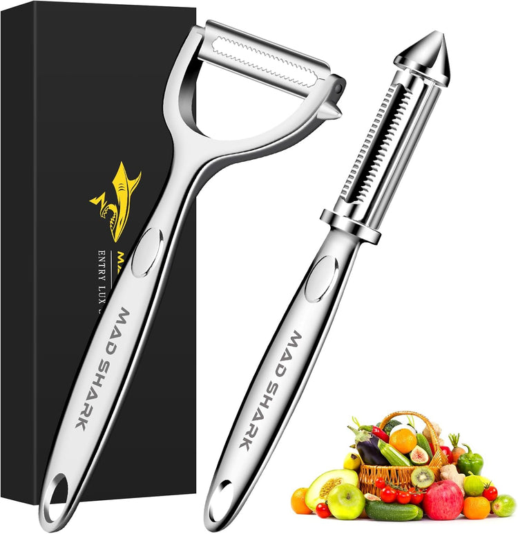 MAD SHARK Ultra Sharp Vegetable Peelers for Kitchen Fruit Apple Potato Peelers,Design with Ergonomic Non-Slip Handle, Y+I Shaped Stainless Steel Serrated(2pc)