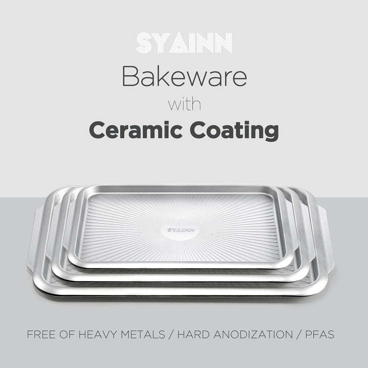 SYAINN Non-stick Ceramic Baking Sheet Set, Pack of 3 - Aluminum Steel Cookie Sheets for Baking - Includes Half/Quarter/Jelly Roll Pans - Warp Resistant, Toxic, PTFE & PFOA Free - Sliver