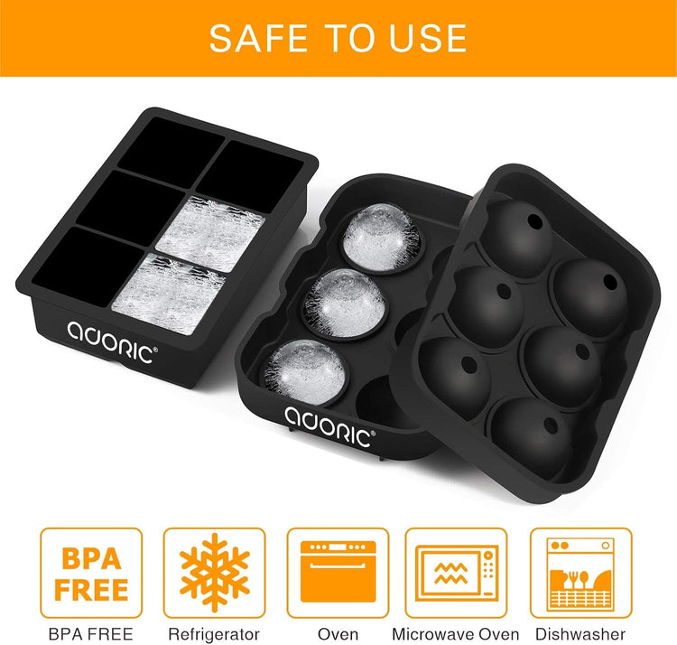 Ice Cube Trays (Set of 2), Sphere Ice Ball Maker & Square Large Ice Cube Molds, Freezer Molds for Whiskey, Cocktails, Homemade Drinks-Reusable & BPA Free