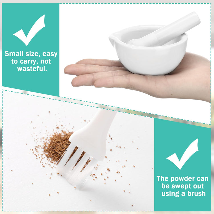 2 Sets Mini Porcelain Mortar and Pestle Set Porcelain Herb Grinder Crusher Grinding Bowl Kitchen Mixing Grinding Bowl with 2 Pieces Brushes for Seasonings (4 Count)