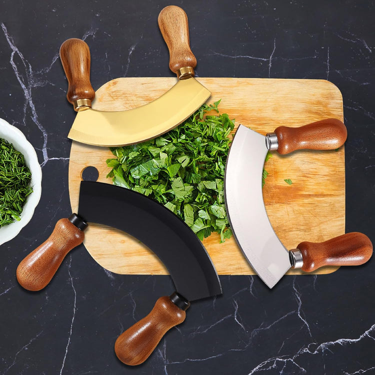 5.4 Inch Stainless Steel Mezzaluna Knife - Salad Chopper Rocker Pizza Cutter Rocker Knife Curved Blade Sharp Blade Double Acacia Wood Handle Fruit Vegetable Mincing (5.4 Inch Gold)