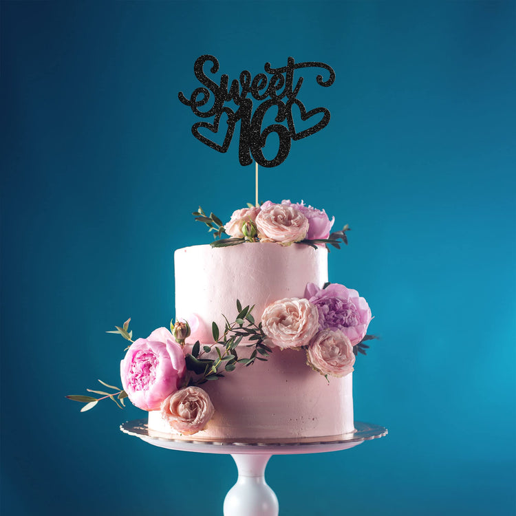 1Pc Sweet Teenager 16 Cake Topper Glitter 16th Birthday Cake Pick for Cheers to 16 Years Old 16th Birthday Party Cake Decorations Supplies Black