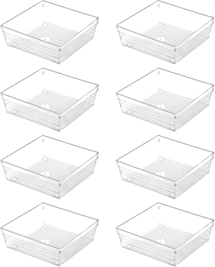 Backerysupply Clear Plastic Drawer Organizer Tray for Vanity Cabinet (6"×6"×2",Set of 8),Storage Tray for Makeup, Kitchen Utensils, Jewelries, and Gadgets…