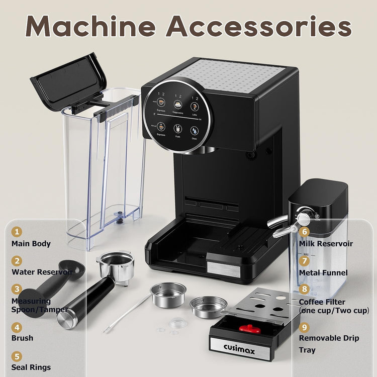 CUSIMAX Expresso Coffee Maker with Milk Frother, Cappuccino Machine Makes Espresso, Cappuccino, and Lattes with One-Touch Ease, and the Manual Mode Makes Creative Coffees with Cleaning Function