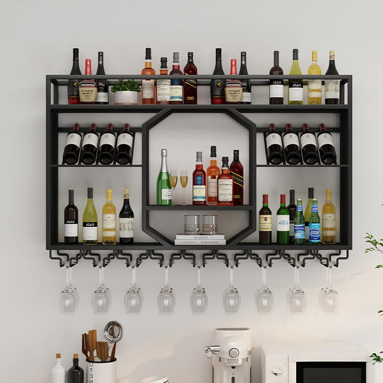 Wall Mounted Wine Rack, 3-Tiers Metal Bar Bottle Holder, Modern Wine Glass Storage Display Shelves, Wall Wine Rack for Kitchen Bar Dining Rooms Decoration (Black, 47.24in/120cm)