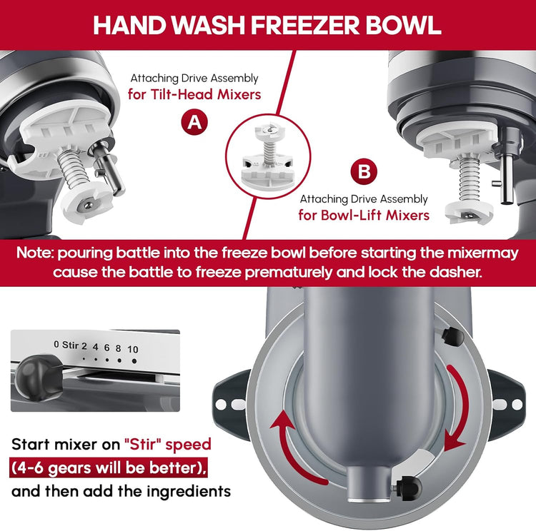 InnoMoon Ice Cream Maker Attachment for KitchenAid Stand Mixer, Compatible for Kitchenaid 4.5QT/5QT/6QT/7QT Stand Mixer, 2-Quart Frozen Yogurt, Sorbet Gelato Maker, Kitchen aid Ice Cream Maker (Gray)