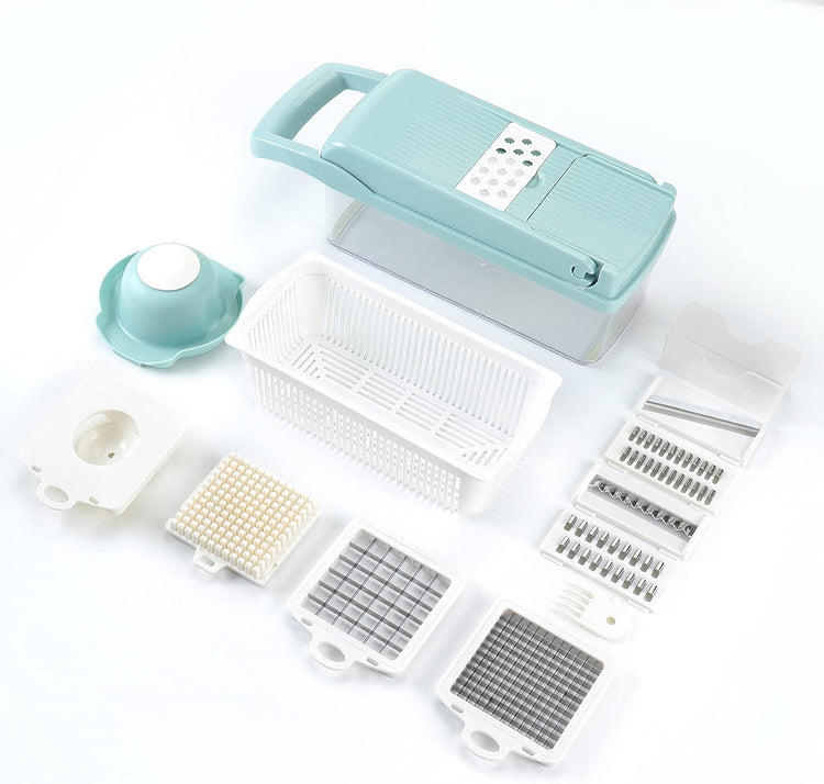KEOUKE Vegetable Chopper Mandoline Slicer Blue - 12 in 1 Interchangeable Blades Food Chopper with Container, Hand Guard & Drainer, Veggie Dicer Kitchen Gadget for Onion, Cucumber, Tomato, Fruit