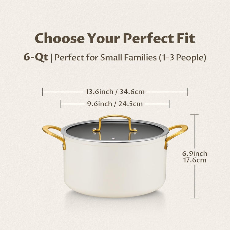 BEZIA 6 Quart Stock Pot with Lid๏ผCeramic Nonstick Cooking Pot๏ผSoup Pot with Stainless Steel Handle, Tempered Glass Lid, Induction Compatible for Pasta, Soup, Spaghetti๏ผDishwasher Safe, Cream