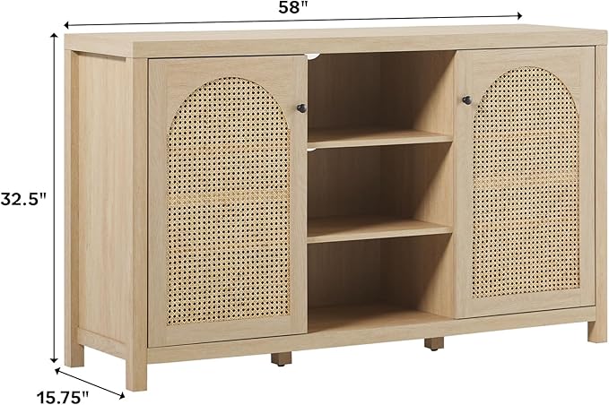 Walker Edison Sasha 2-Door Sideboard Buffet with Arched Rattan Panels, 58 Inch, Coastal Oak